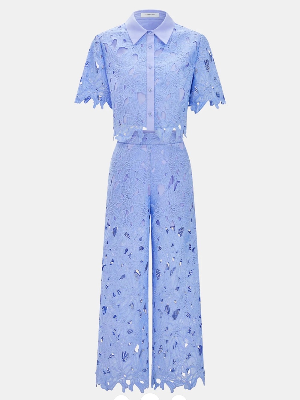 Commense Cutout Lace Short Sleeve Top & Pant Set - Large - Blue